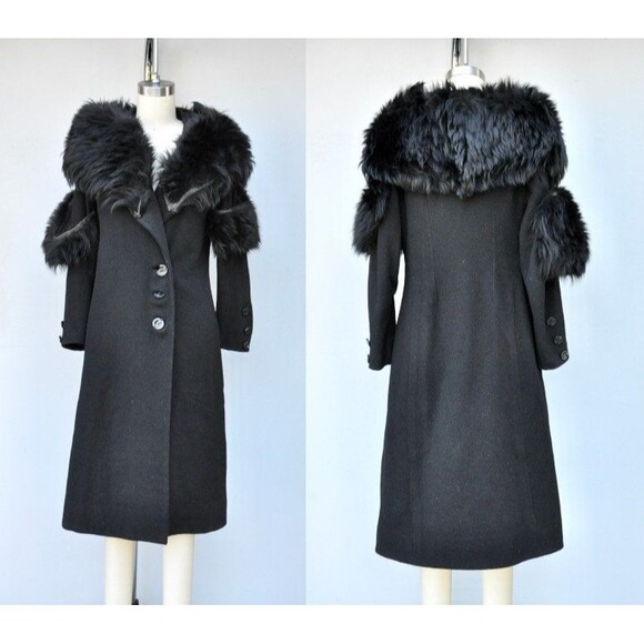 Vintage Wool Coat w/ Huge Fox Fur Collar & Fur on Sleeves Goth Steampunk 80s XS - Picture 1 of 10